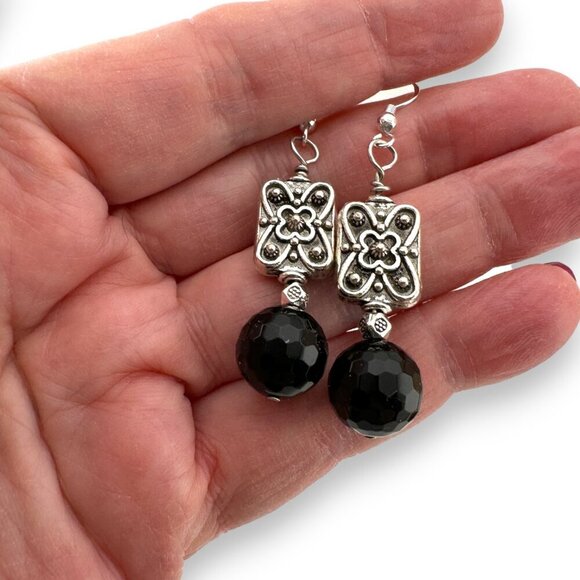 Faceted Black Onyx Earrings 925 Sterling Silver French Hooks - Picture 6 of 13